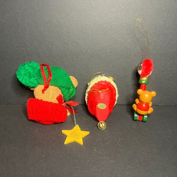 VTG Lot of 3 Ceramic & Wooden Bear Stocking & Riding Horse Christmas Ornaments - Picture 5 of 10